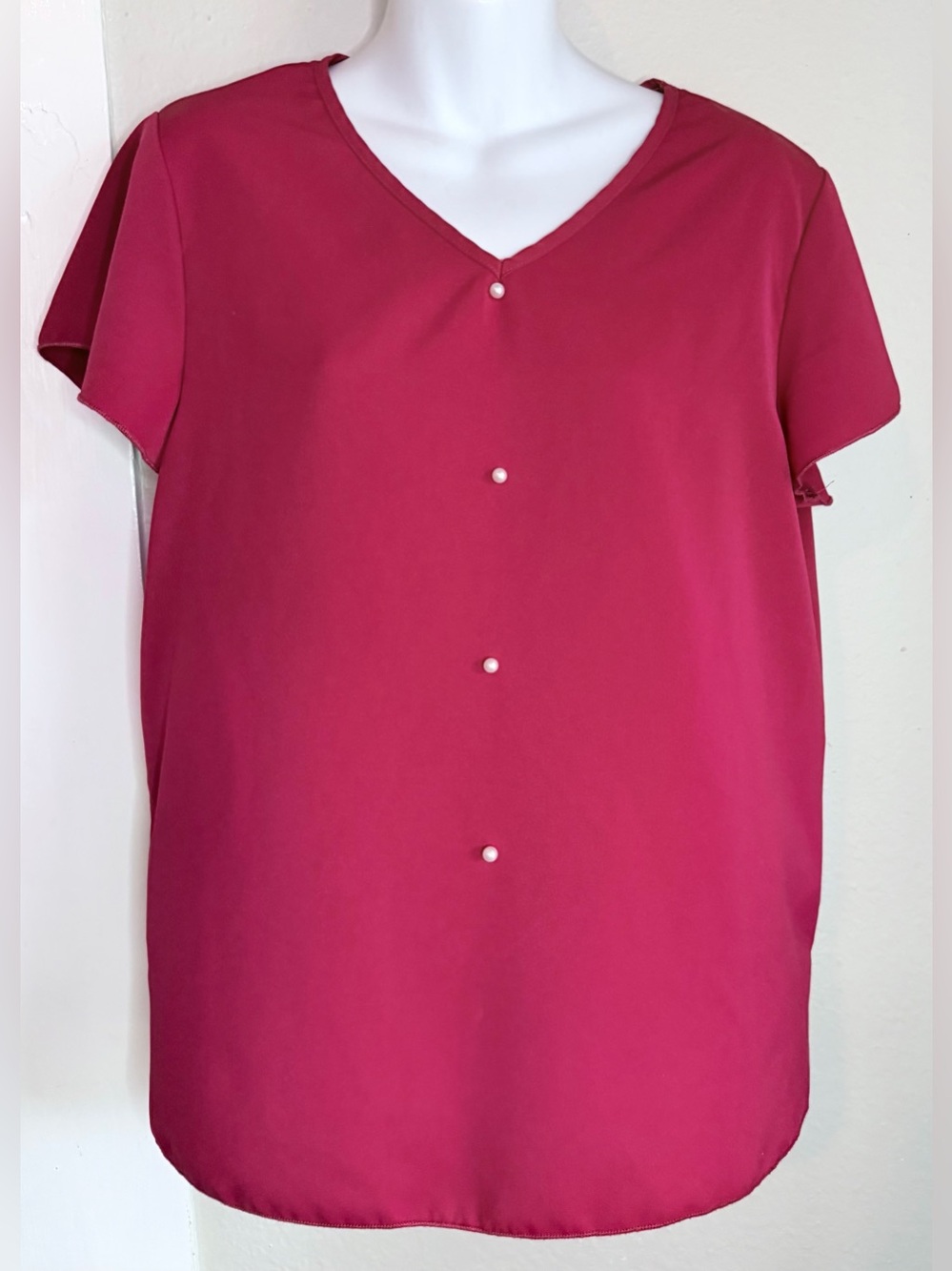 SHEIN Red Blouse Short Sleeve V-neck faux pearl embellishments Large